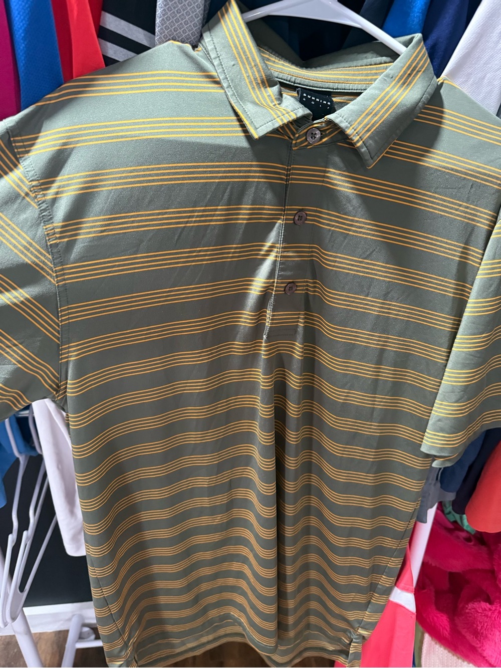Men's Olive Green Polo with Yellow Stripe Detail